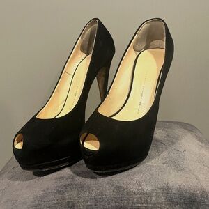 AUTHENTIC GIUSEPPE ZANOTTI PEEP TOE BLACK SUEDE PLATFORMS  38.5